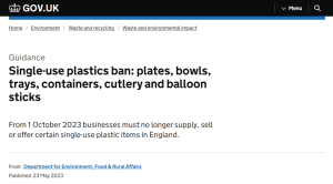 The UK government has announced a total ban on plastic in the following areas from October 1